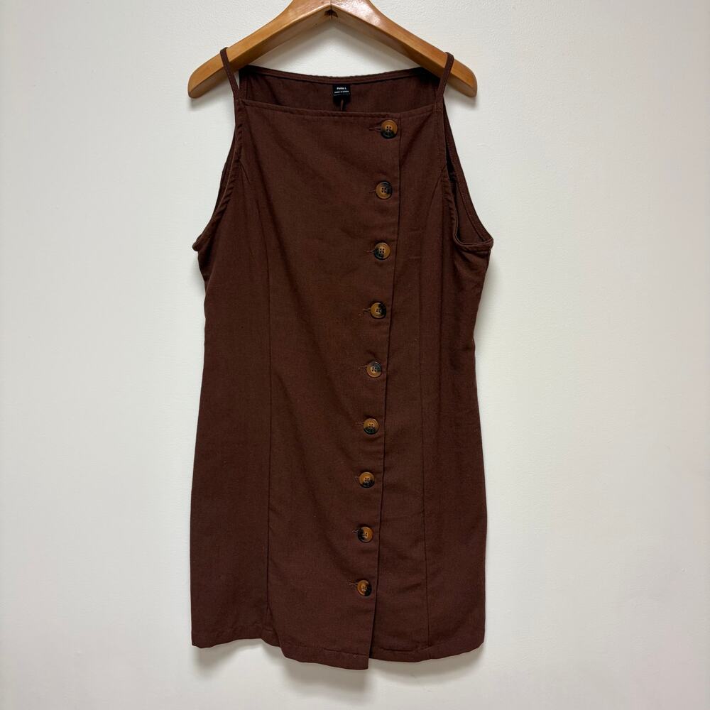 Linen-Blend Chocolate Brown Asymmetric Button Down Cami Mini Dress Minimalist M
